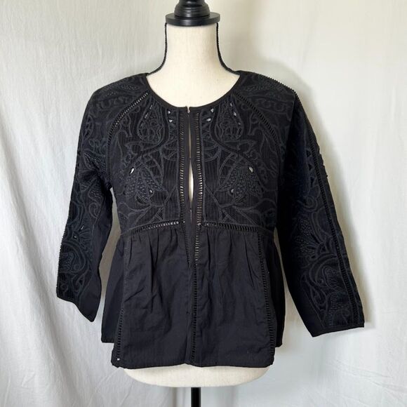 Boho Peasant Shacket Top Lucky Brand Embroidered Black Folk Western Indie Sz S - Picture 2 of 16